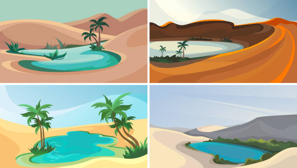 Set of oases. Set of oases. Beautiful nature sceneries. desert oasis stock illustrations