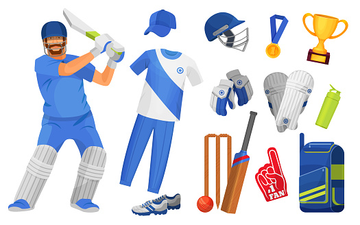 Set of objects for gaming cricket. Uniform, shoes, equipment, attributes.
