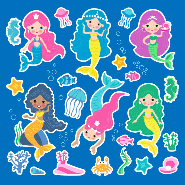 Set of of cute mermaid princess with colorful hair and other under the sea animals: fish, jellyfish, starfish, seahorse, crab. Vector illustration of cute mermaid princess with colorful hair and other under the sea elements. aquatic organism stock illustrations