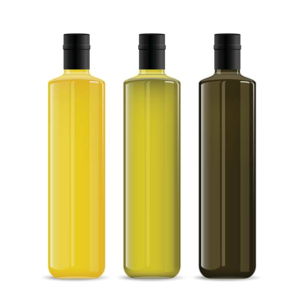 Set of oil or wine glass bottles isolated on white background. The collection of three narrow and high bottles. Yellow, green and black realistic mockups. Vector template for product design. Set of oil or wine glass bottles isolated on white background. The collection of three narrow and high bottles. Yellow, green and black realistic mockups. Vector template for product design. green olives jar stock illustrations