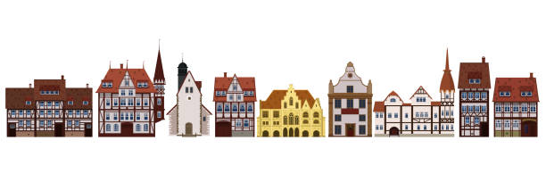 ilustrações de stock, clip art, desenhos animados e ícones de set of old buildings houses, facades, europe, medieval traditions. different architectural styles. template, baner. vector illustration isolated on white background - amsterdam street