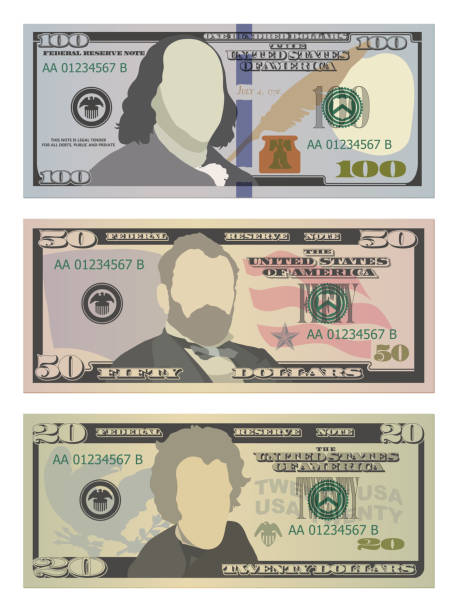 Set of one hundred dollars, fifty dollars and twenty dollar bills in new design. 100, 50 and 20 US dollars banknotes. Vector illustration of USD isolated on white background Set of one hundred dollars, fifty dollars and twenty dollar bills in new design. 100, 50 and 20 US dollars banknotes. Vector illustration of USD isolated on white background federal reserve stock illustrations