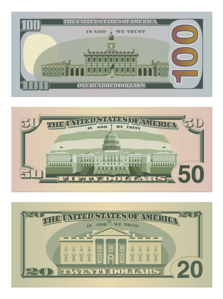 Set of one hundred dollars, fifty dollars and twenty dollar bills in new design. 100, 50 and 20 US dollars banknotes from reverse side. Vector illustration of USD isolated on white Set of one hundred dollars, fifty dollars and twenty dollar bills in new design. 100, 50 and 20 US dollars banknotes from reverse side. Vector illustration of USD isolated on white federal reserve stock illustrations