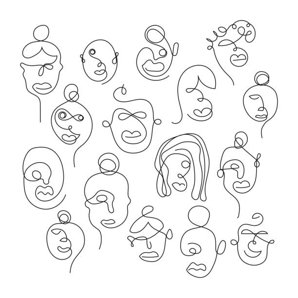 Set of one line face illustrations vector art illustration
