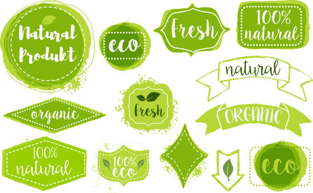 bildbanksillustrationer, clip art samt tecknat material och ikoner med set of organic fresh eco labels - food labels