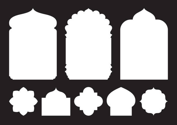 Set of oriental style windows and arches Set of oriental style windows and arches. Black and white silhouettes mosque stock illustrations