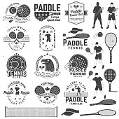 Set of Paddle tennis badge, emblem or sign with design element. Vector. Concept for shirt, print, stamp or tee. Vintage typography design with paddle tennis racket, visor and paddle ball silhouette.