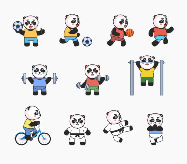 illustrations, cliparts, dessins animés et icônes de ensemble de caractères de panda faisant divers sports - panda foot