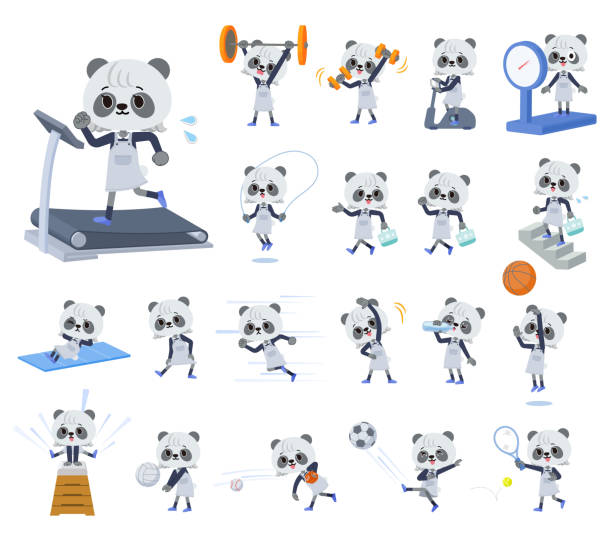 illustrations, cliparts, dessins animés et icônes de un ensemble de panda girl sur l’exercice et le sport - panda foot
