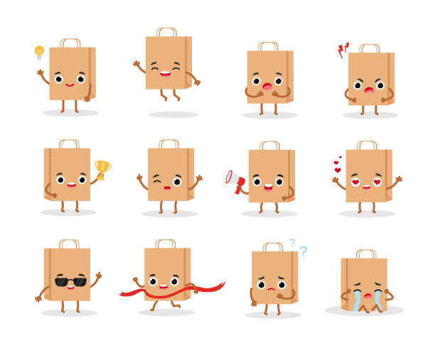 ilustrações de stock, clip art, desenhos animados e ícones de set of paper shopping bag emotions character. emoji icons vector illustration. - paper bag craft