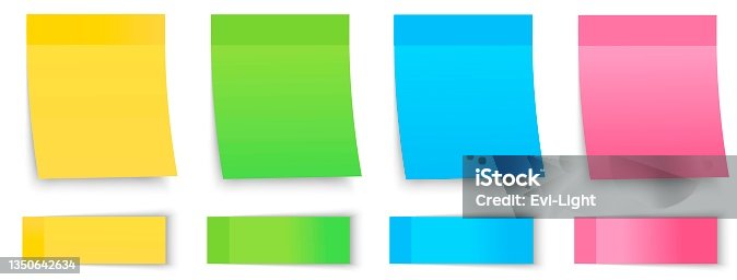 istock Set of paper stickers. Bright blank notes for notes so as not to forget. Multicolored pieces of rectangular paper with
curved corners.Vector illustration. 1350642634