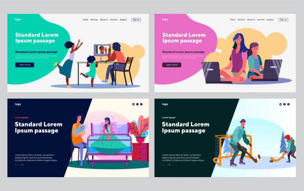 Set of parents and kids practicing activities together Set of parents and kids practicing activities together. Video chat, yoga training, sport game. Flat vector illustrations. Leisure, family concept for banner, website design or landing web page family backgrounds stock illustrations