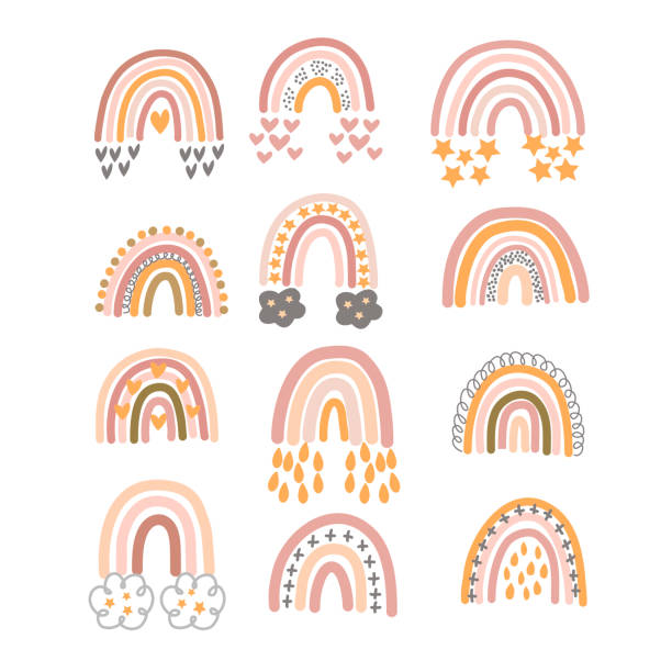 Set of pastel brown rainbows with ornament in vector graphics on a white background. For the design of postcards, posters, prints for children clothing, wrapping paper, notebook covers Set of pastel brown rainbows with ornament in vector graphics on a white background. For the design of postcards, posters, prints for children clothing, wrapping paper, notebook covers rainbow stock illustrations