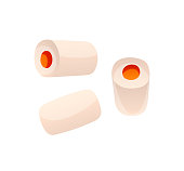 Set of small pastel cylindrical candies with orange filling, different view point, cartoon style. Vector isolated objects on white background