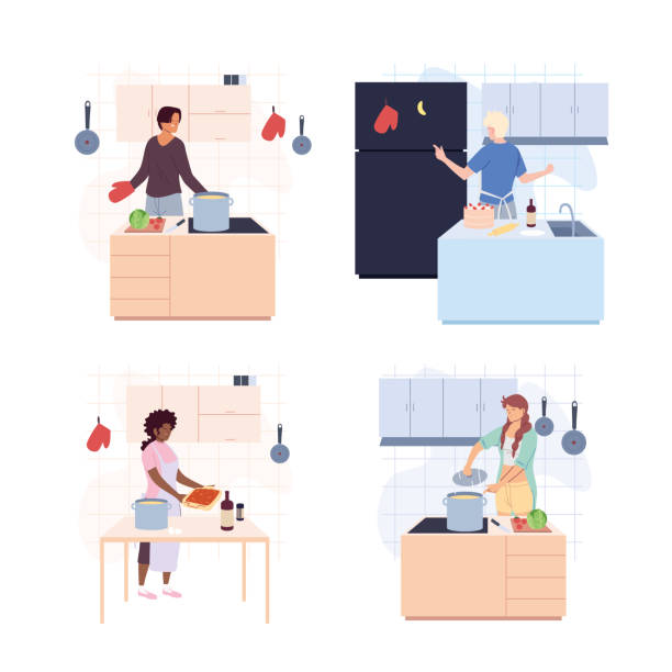 ilustrações de stock, clip art, desenhos animados e ícones de set of people are cooking over white background - woman chopping vegetables