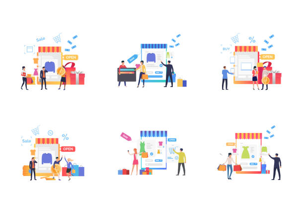 Set of people buying online Set of people buying online. Flat vector illustrations of men and women choosing clothing and counting profit. Online shopping concept for banner, website design or landing web page small business stock illustrations