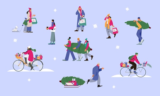Set of people characters buying presents during christmas sale, having winter fun. Flat vector illustration