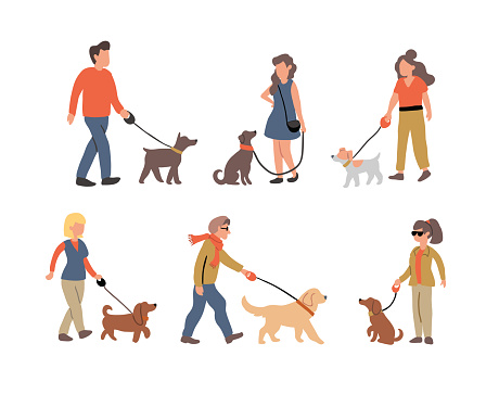 set of people dog walking dogs breeds illustration