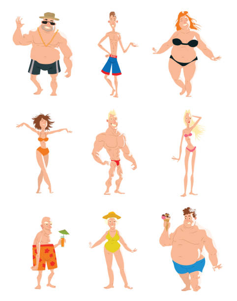 Set of people on the vacation Vector set of cartoon images of different people on the vacation of different sexes, different appearance in beachwear standing on a white background. Holidays, vacation, beach. Vector illustration. cartoon of fat lady in swimsuit stock illustrations