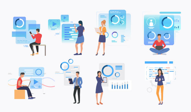 Set of people using modern technologies Set of people using modern technologies. Group of men and women working with interfaces. User interface concept. Vector illustration for website, landing page, online store typing on laptop stock illustrations