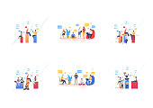 Set of people working in coworking office. Flat vector illustrations of men and women chatting and using devices. Communication for banner, website design, landing web page