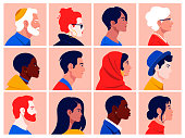 A set of people's faces in profile: men, women, young and elderly of different races and nations. Diversity. Avatars. Vector flat Illustration