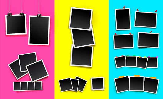 Set of photo frames. Realistic detailed photo icon design template. Vector isolated on colorful background.
