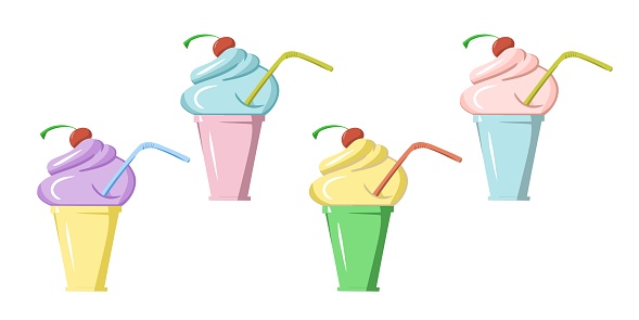 A set of pictures, Cold cherry ice cream, delicious milkshake with a drinking tube, cartoon vector flat