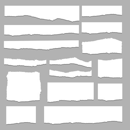 Set of pieces of white torn paper, isolated on grey background. Vector illustration