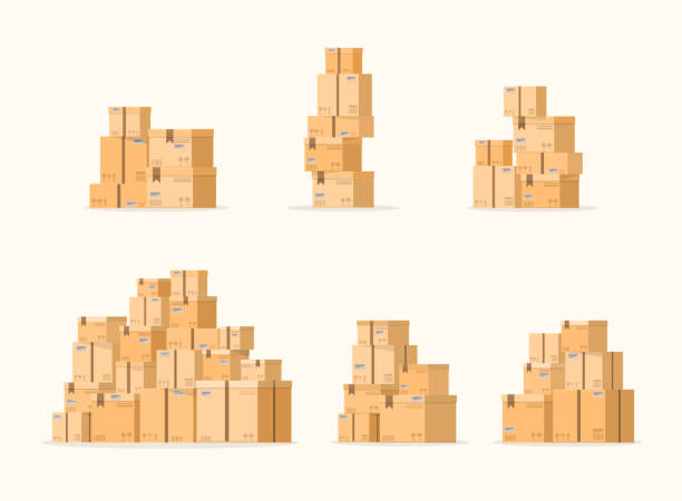 ilustraciones, imágenes clip art, dibujos animados e iconos de stock de conjunto de pila de cajas de cartón de productos sellados apilados. embalaje de entrega de cartón. - caja