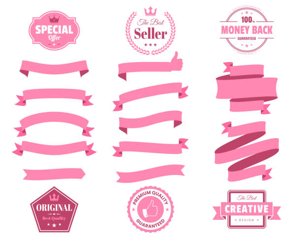 Set of Pink Ribbons, Banners, badges, Labels - Design Elements on white background Set of Pink ribbons, banners, badges and labels, isolated on a blank background. Elements for your design, with space for your text. Vector Illustration (EPS10, well layered and grouped). Easy to edit, manipulate, resize or colorize. ribbon sewing item stock illustrations