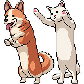 set of pixel art isolated long corgi and cat