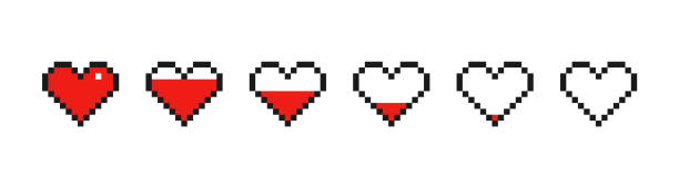ilustrações, clipart, desenhos animados e ícones de conjunto de corações pixel. pixel game life bar. vetores art 8 bit health heart bar. controlador de jogos - geek