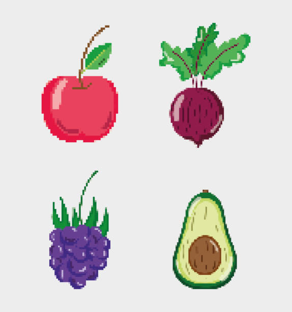 Set of natural fruits pixelated cartoons vector illustration graphic...