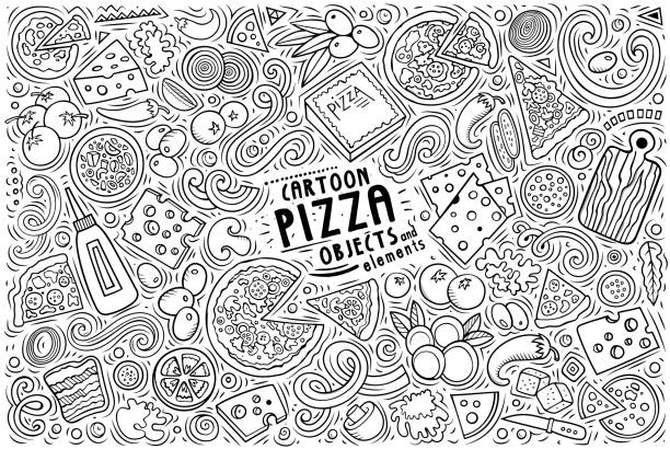 Set of Pizza items, objects and symbols Line art vector hand drawn doodle cartoon set of Pizza theme items, objects and symbols tomato cartoon stock illustrations
