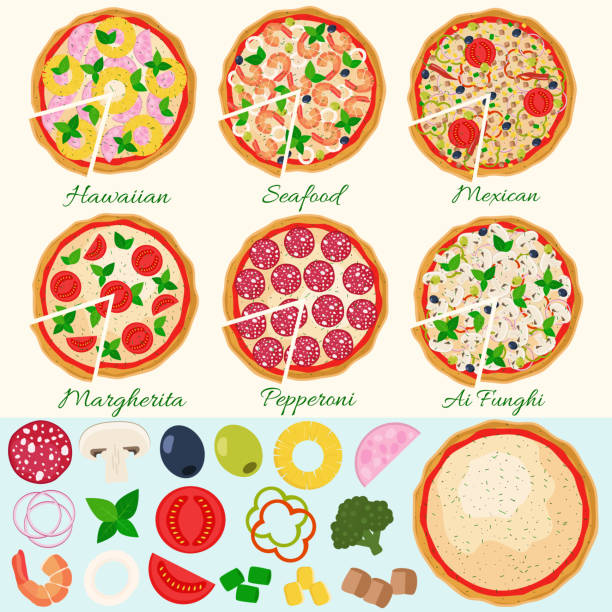 Set of pizzas. Hawaiian, Margherita, Pepperoni, Seafood, Vegetarian, Mexican, Mushroom pizza. Pizza ingredients. Vector illustration. Flat design. margherita stock illustrations