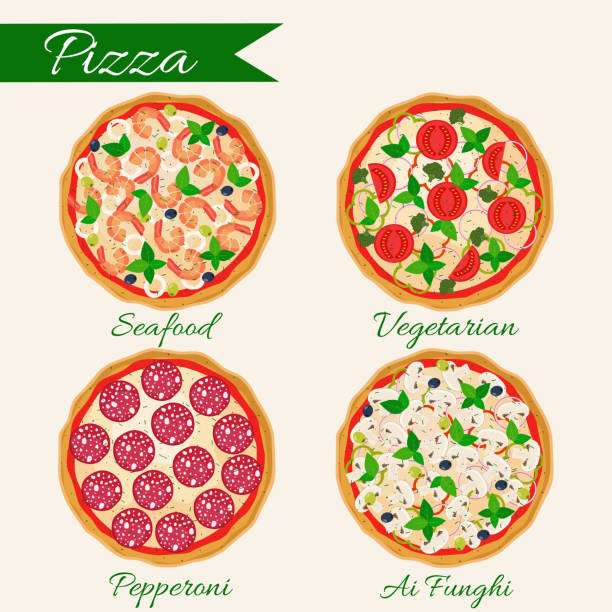 Set of pizzas. Hawaiian, Margherita, Pepperoni, Vegetarian, Mexican, Mushroom pizza. Pizza ingredients. Vector illustration. Flat design. margherita stock illustrations
