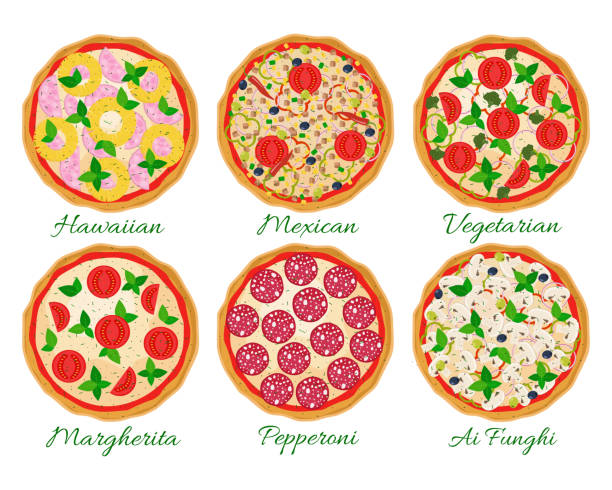 Set of pizzas. Hawaiian, Margherita, Pepperoni, Vegetarian, Mexican, Mushroom pizza. Pizza ingredients. Vector illustration. Flat design. margherita stock illustrations