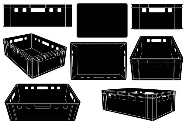 Set of plastic fruit and vegetables crates in different positions Set of plastic fruit and vegetables crates in different positions isolated on white crate stock illustrations