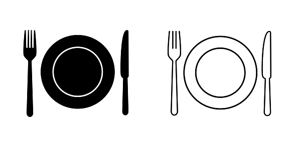 Set of plate,fork and knife icon in flat style. For your design, logo. Vector illustration isolated on white background