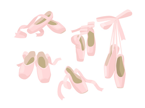 Set of Pointe Ballet Shoes, Pink Slippers with Ribbons Isolated on White Background. Ballerina Footgear for Dancing and Performance on Stage. Cute Girly Silk Shoes. Cartoon Vector Illustration, Icons