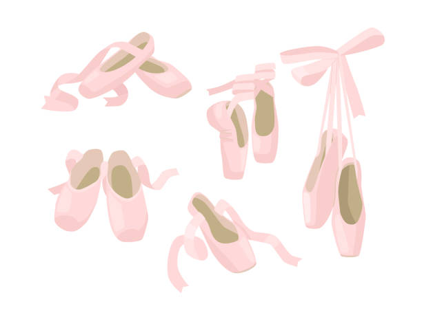 Set of Pointe Ballet Shoes, Pink Slippers with Ribbons Isolated on White Background. Ballerina Footgear for Dancing Set of Pointe Ballet Shoes, Pink Slippers with Ribbons Isolated on White Background. Ballerina Footgear for Dancing and Performance on Stage. Cute Girly Silk Shoes. Cartoon Vector Illustration, Icons performance clipart stock illustrations