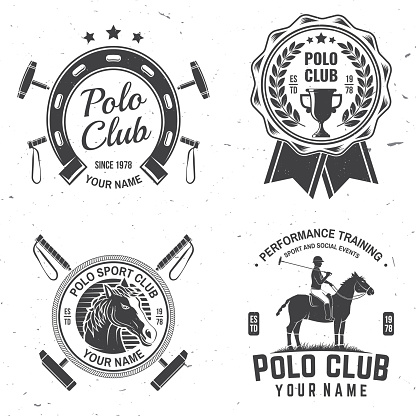 Set of Polo club sport badges, patches, emblems, symbols. Vector illustration. Vintage monochrome equestrian label with rider and horse silhouettes. Polo club competition riding sport. Concept for shirt or symbol, print, stamp or tee.