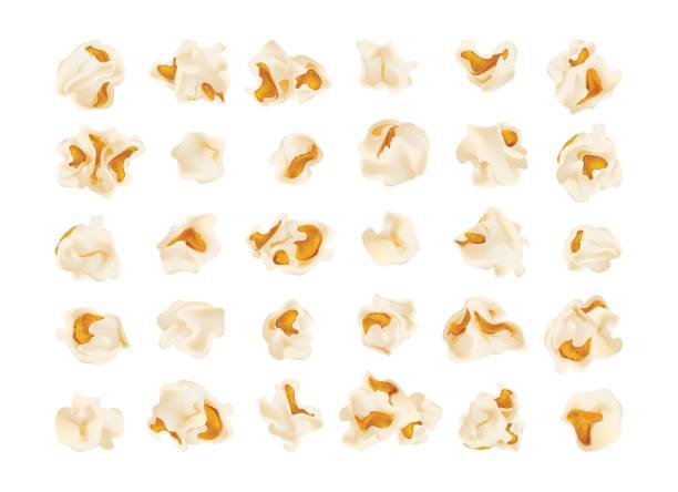 Set of popcorn, isolated on white. Set of popcorn, isolated on white. Drawn vector illustration, realistic popcorn background for cinema, movie, film, food, theater,.. design. popcorn stock illustrations
