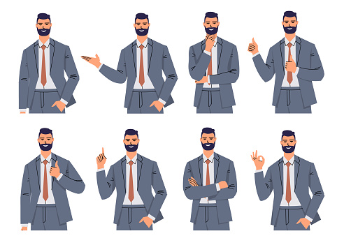 Set of portraits of businessmen in different poses and with gestures. Young bearded man in a suit and tie. Office worker, leader isolated. Gestures of consent, presentations, reflections.