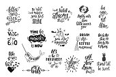 Set of positive inspirational quotes. Magical calligraphy hand drawn phrases about mermaid, narwhal, unicorn, dreams. Vector lettering for print, tshirt, poster. Typographic design.