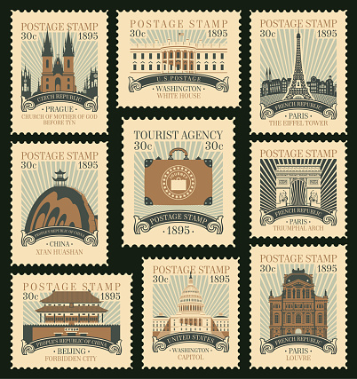 set of postage stamps on the travel theme