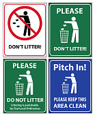 istock Set of posters and sticker signs with a call please do not litter, keep area clean 1094367226