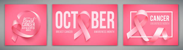 набор плакатов с для осведомленности рака молочной железы месяц в октябре. реалистичный символ розов ой ленты. векторная иллюстрация. - breast cancer stock illustrations