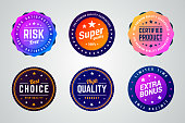 Set of colorful vector badges. Risk free, super quality, certified product, best choice, high quality and extra bonus badges.